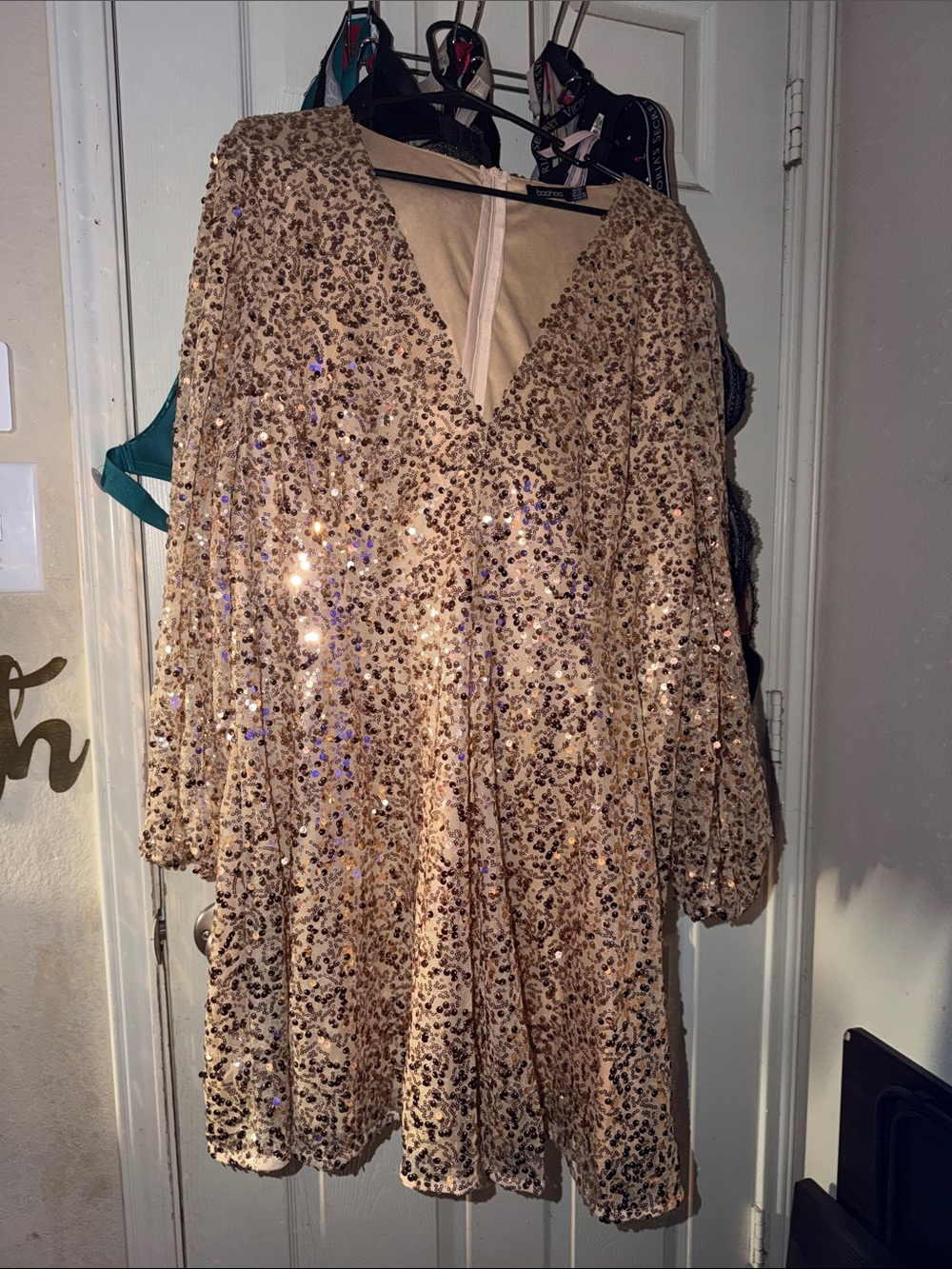 Boohoo Plus Champagne Sequin V-Neck Long Sleeve Mini Dress